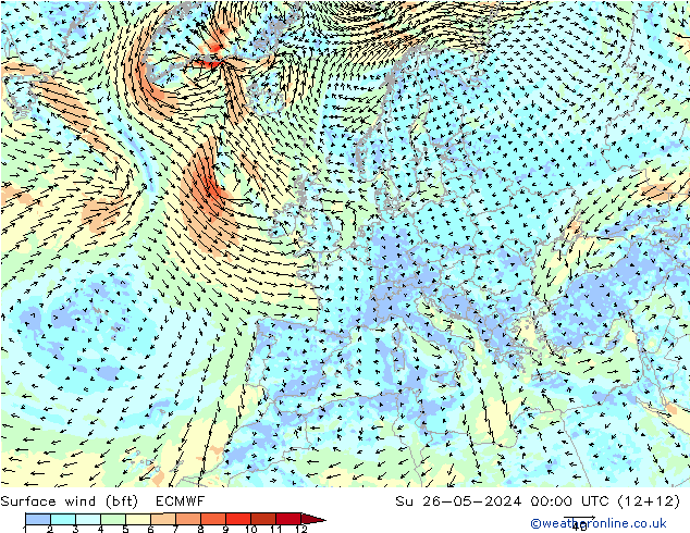 Rüzgar 10 m (bft) ECMWF Paz 26.05.2024 00 UTC