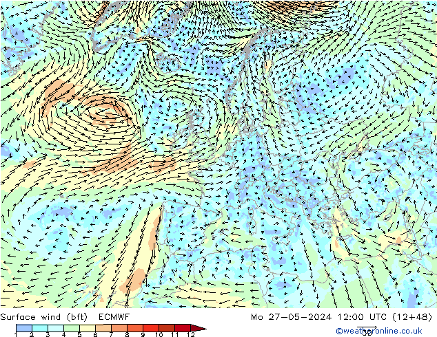 Vento 10 m (bft) ECMWF Seg 27.05.2024 12 UTC