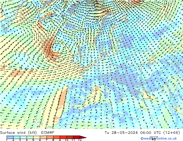 Surface wind (bft) ECMWF Út 28.05.2024 06 UTC