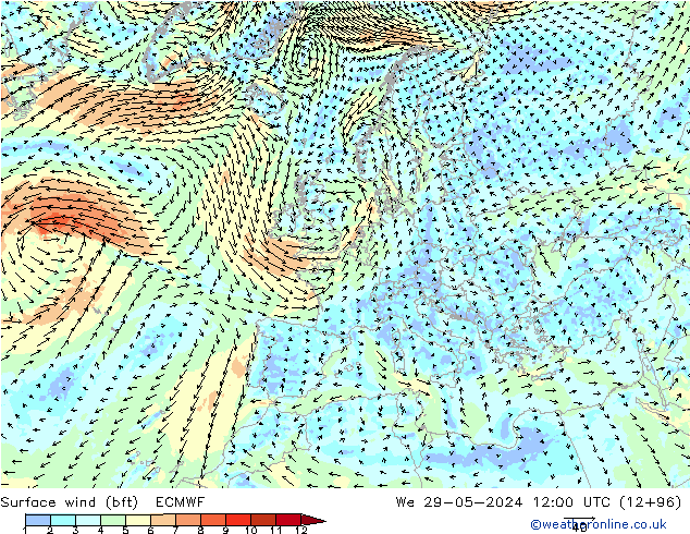 Wind 10 m (bft) ECMWF wo 29.05.2024 12 UTC