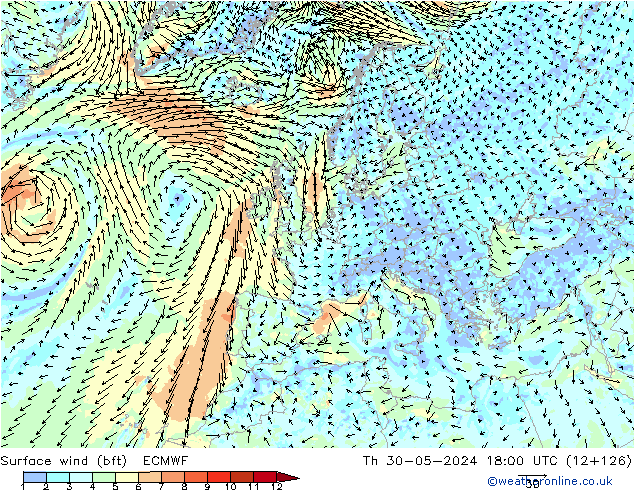 Surface wind (bft) ECMWF Th 30.05.2024 18 UTC