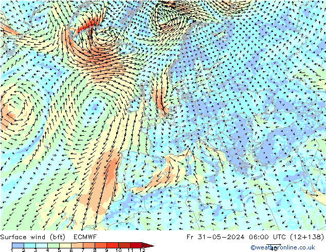 wiatr 10 m (bft) ECMWF pt. 31.05.2024 06 UTC