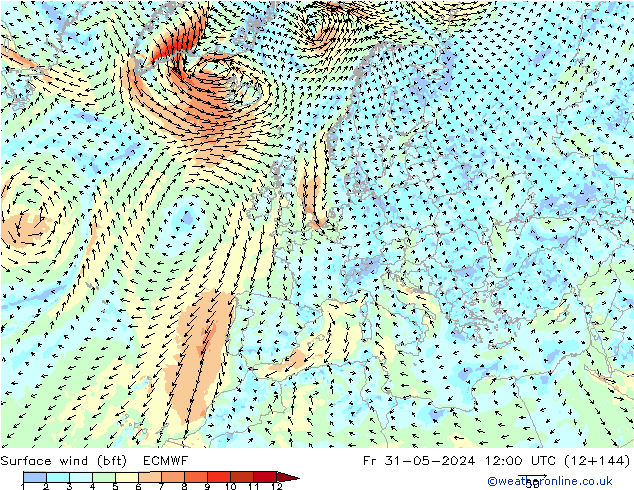Surface wind (bft) ECMWF Pá 31.05.2024 12 UTC
