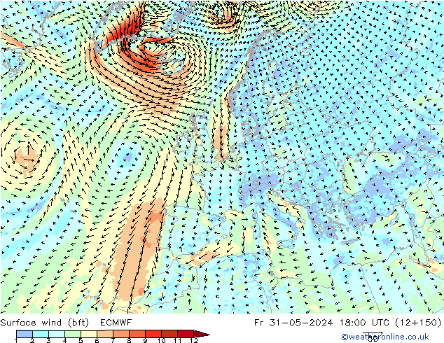 Viento 10 m (bft) ECMWF vie 31.05.2024 18 UTC