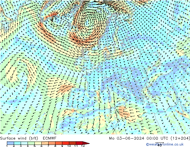 Viento 10 m (bft) ECMWF lun 03.06.2024 00 UTC