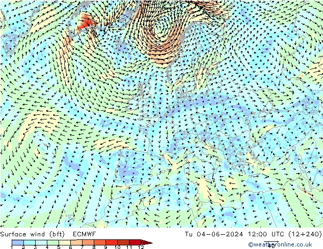 Viento 10 m (bft) ECMWF mar 04.06.2024 12 UTC