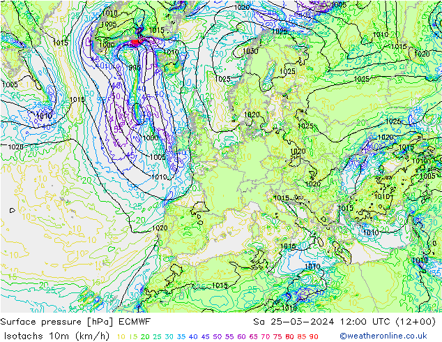 10米等风速线 (kph) ECMWF 星期六 25.05.2024 12 UTC