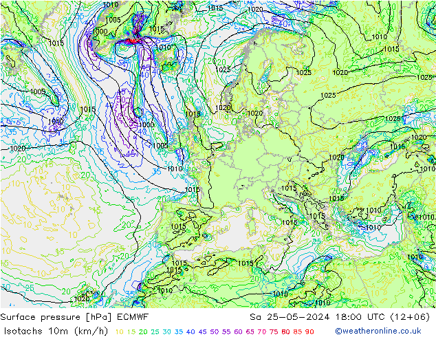 Isotaca (kph) ECMWF sáb 25.05.2024 18 UTC