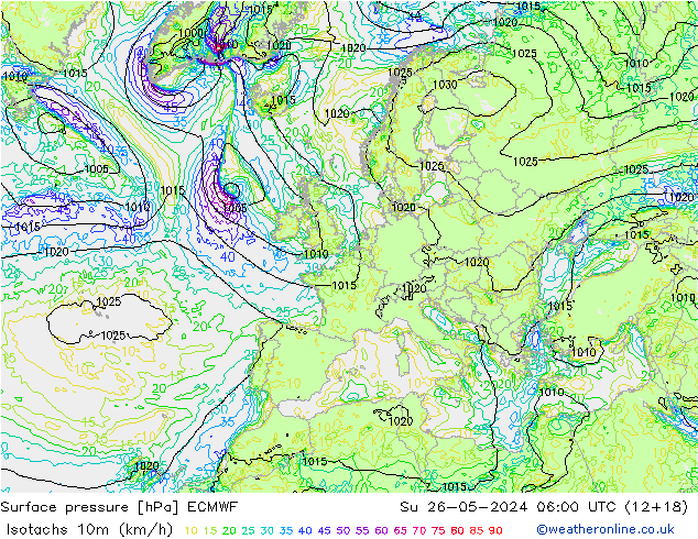 Isotaca (kph) ECMWF dom 26.05.2024 06 UTC