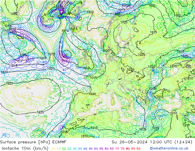 Isotachs (kph) ECMWF Вс 26.05.2024 12 UTC