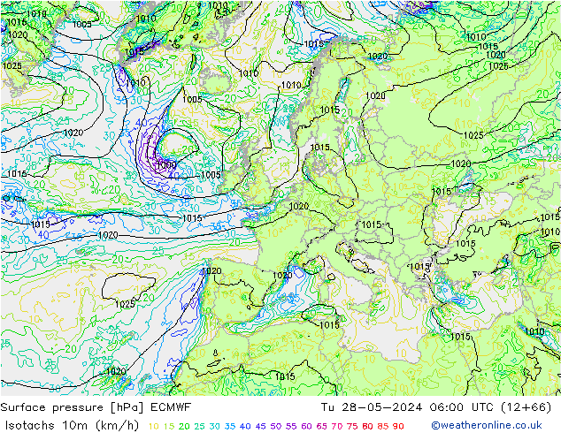 Isotachen (km/h) ECMWF Di 28.05.2024 06 UTC