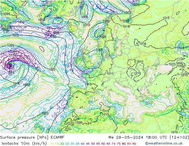 Isotachs (kph) ECMWF ср 29.05.2024 18 UTC