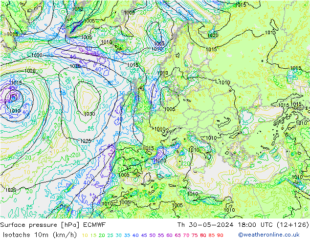 Isotaca (kph) ECMWF jue 30.05.2024 18 UTC