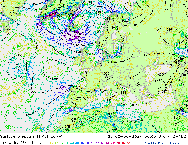 Isotachs (kph) ECMWF Ne 02.06.2024 00 UTC