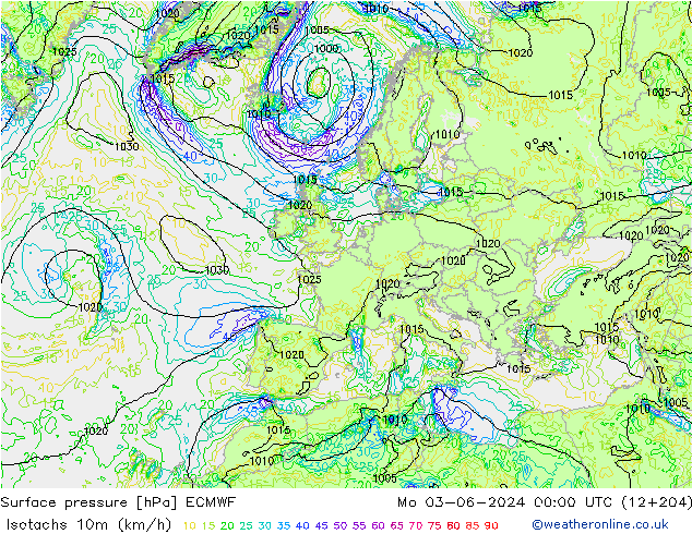 Isotachs (kph) ECMWF Mo 03.06.2024 00 UTC