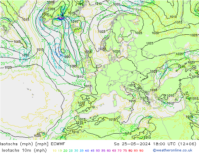 Isotachs (mph) ECMWF сб 25.05.2024 18 UTC