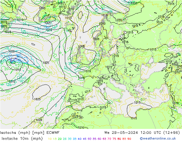 Isotachs (mph) ECMWF ср 29.05.2024 12 UTC