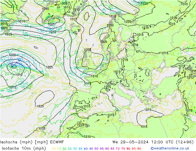 Isotachs (mph) ECMWF We 29.05.2024 12 UTC