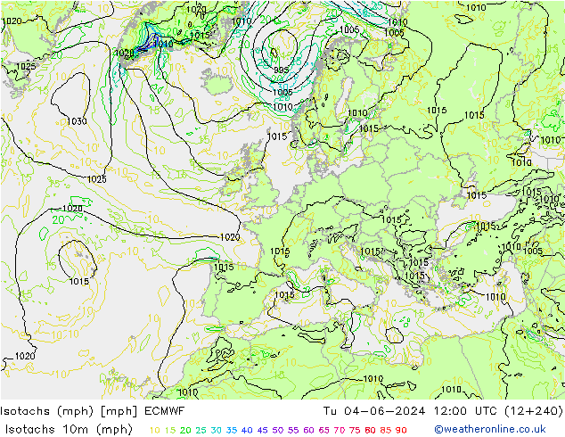 Isotachs (mph) ECMWF Út 04.06.2024 12 UTC