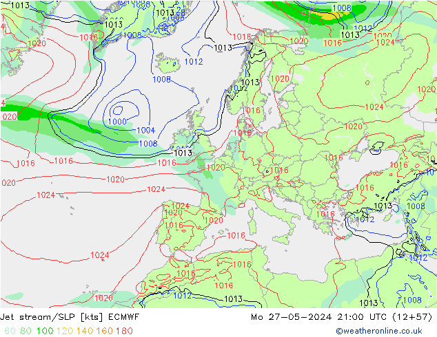 Jet stream/SLP ECMWF Mo 27.05.2024 21 UTC