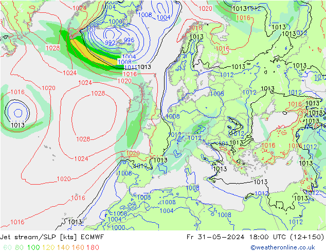 Straalstroom/SLP ECMWF vr 31.05.2024 18 UTC