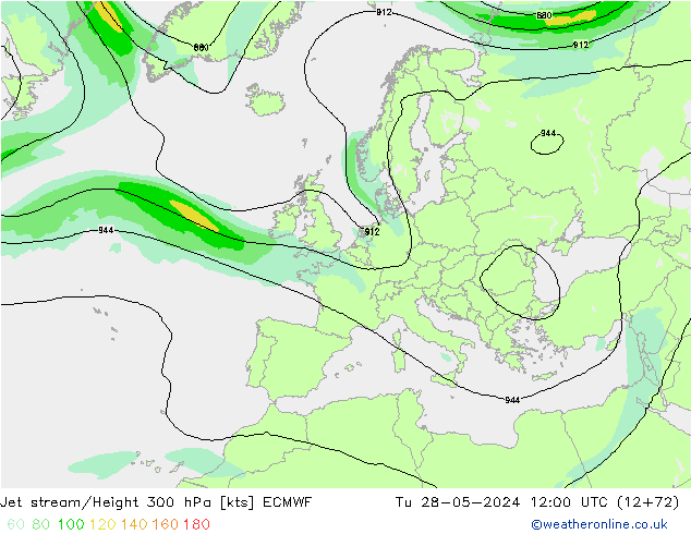 Jet stream/Height 300 hPa ECMWF Út 28.05.2024 12 UTC