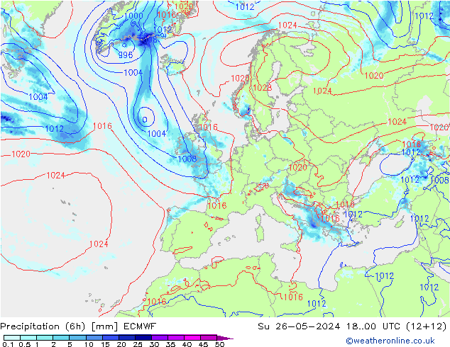 осадки (6h) ECMWF Вс 26.05.2024 00 UTC