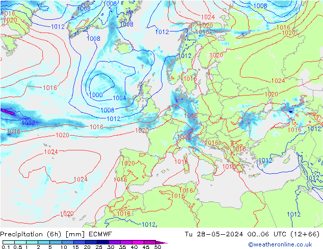 Precipitation (6h) ECMWF Tu 28.05.2024 06 UTC