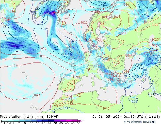 осадки (12h) ECMWF Вс 26.05.2024 12 UTC