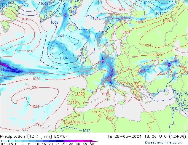 Precipitation (12h) ECMWF Út 28.05.2024 06 UTC