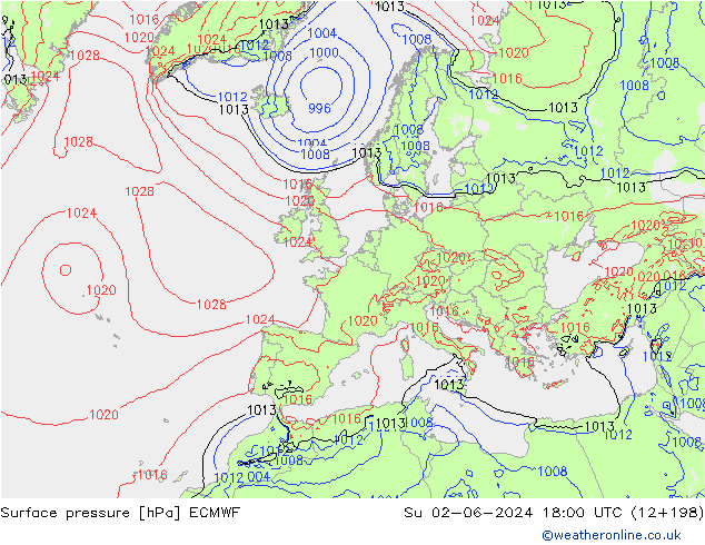 Presión superficial ECMWF dom 02.06.2024 18 UTC