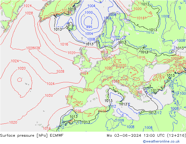 Presión superficial ECMWF lun 03.06.2024 12 UTC