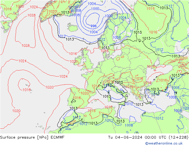 Surface pressure ECMWF Tu 04.06.2024 00 UTC