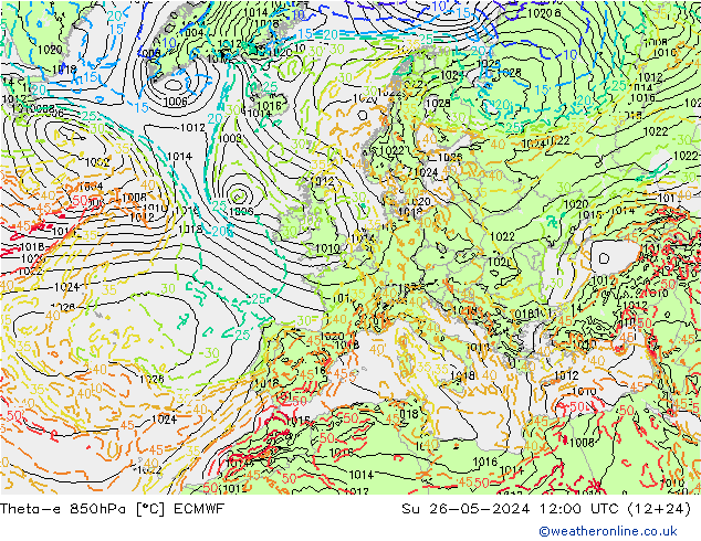 Theta-e 850hPa ECMWF Ne 26.05.2024 12 UTC