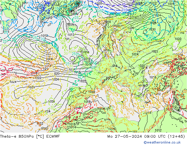 Theta-e 850hPa ECMWF Mo 27.05.2024 09 UTC