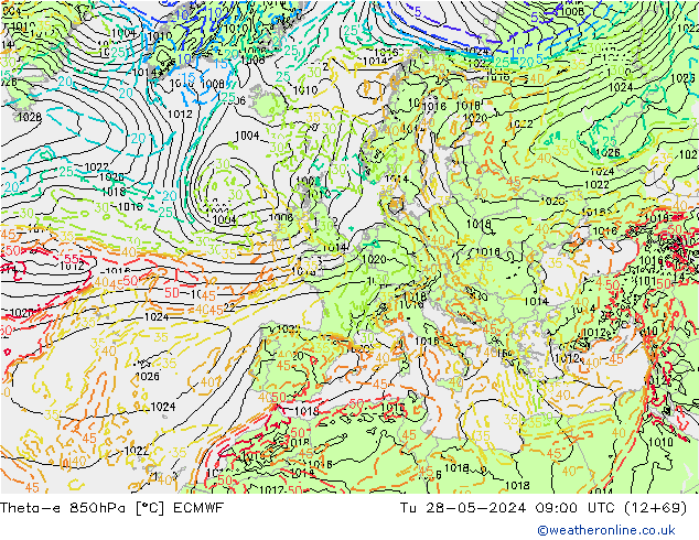 Theta-e 850hPa ECMWF Tu 28.05.2024 09 UTC