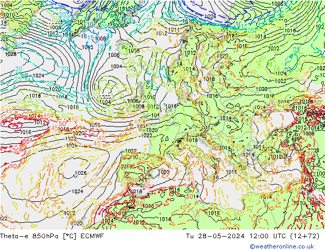 Theta-e 850hPa ECMWF Út 28.05.2024 12 UTC