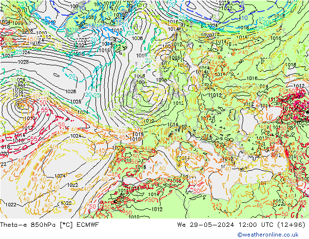 Theta-e 850hPa ECMWF mié 29.05.2024 12 UTC