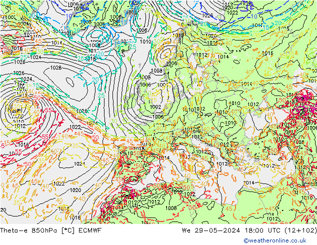 Theta-e 850hPa ECMWF We 29.05.2024 18 UTC