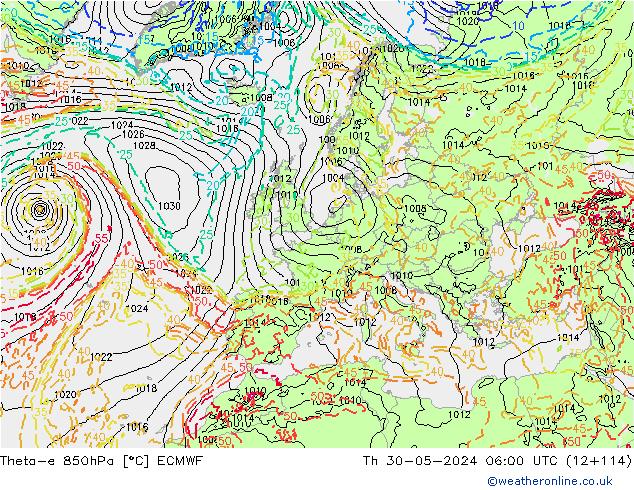 Theta-e 850hPa ECMWF Do 30.05.2024 06 UTC