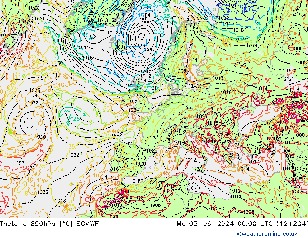 Theta-e 850hPa ECMWF lun 03.06.2024 00 UTC