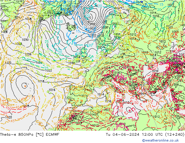 Theta-e 850hPa ECMWF Di 04.06.2024 12 UTC