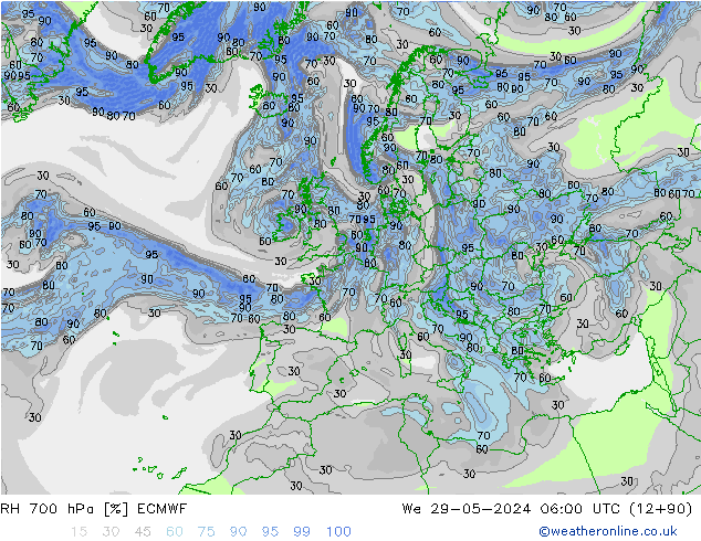 RH 700 гПа ECMWF ср 29.05.2024 06 UTC