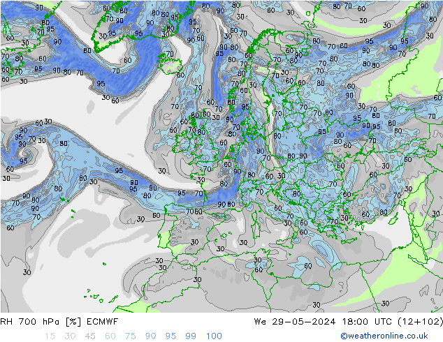 RH 700 hPa ECMWF Qua 29.05.2024 18 UTC