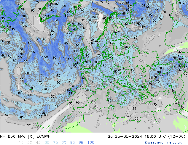 RH 850 hPa ECMWF 星期六 25.05.2024 18 UTC