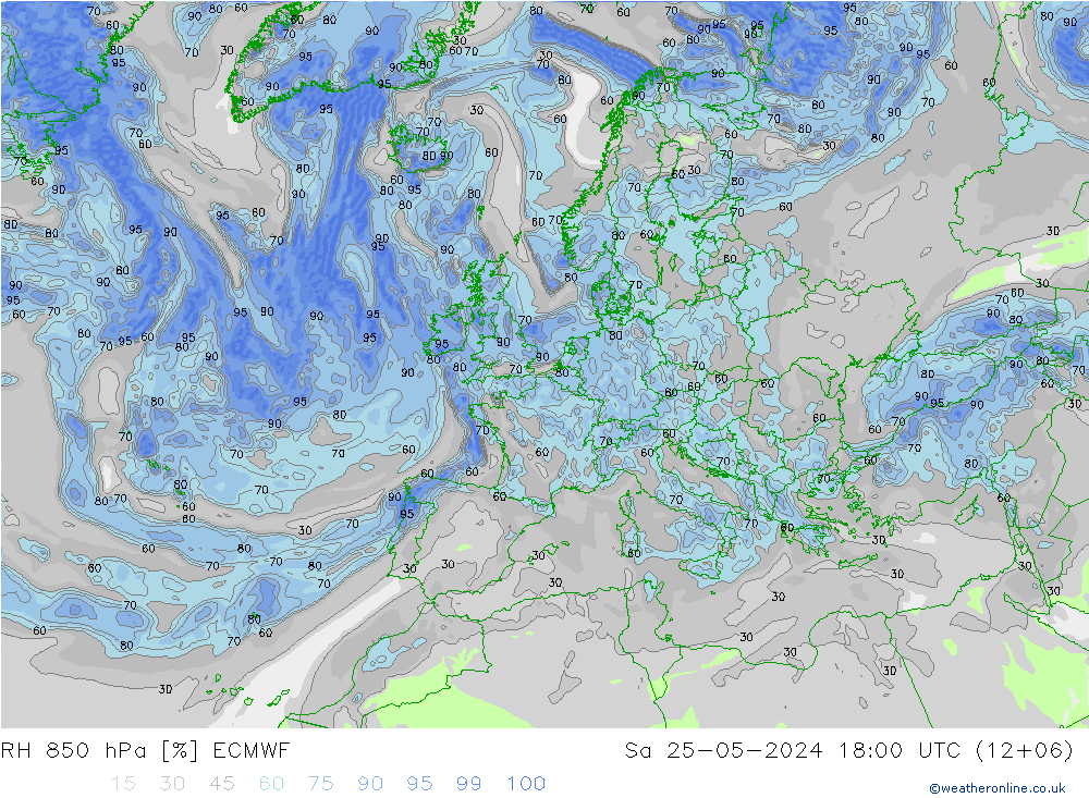 RH 850 hPa ECMWF Sa 25.05.2024 18 UTC