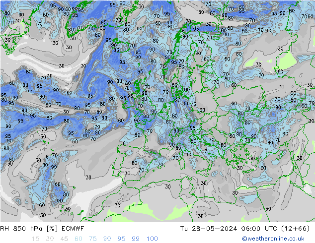 RH 850 hPa ECMWF Út 28.05.2024 06 UTC