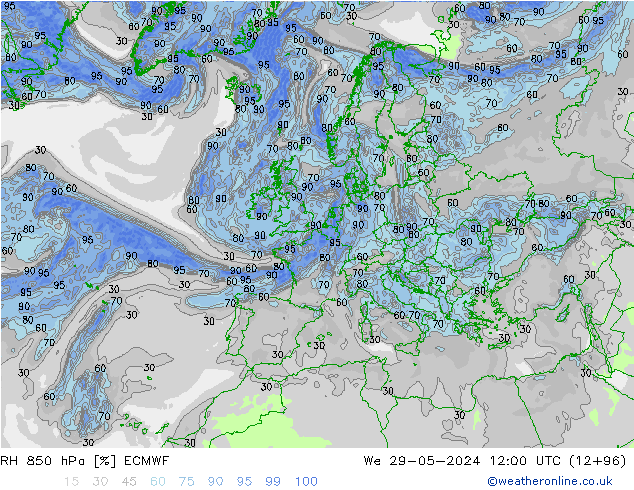 RH 850 hPa ECMWF Mi 29.05.2024 12 UTC