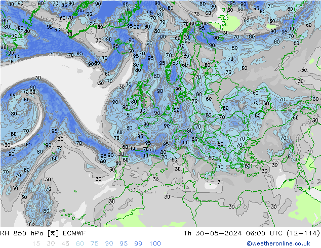 RH 850 hPa ECMWF Th 30.05.2024 06 UTC