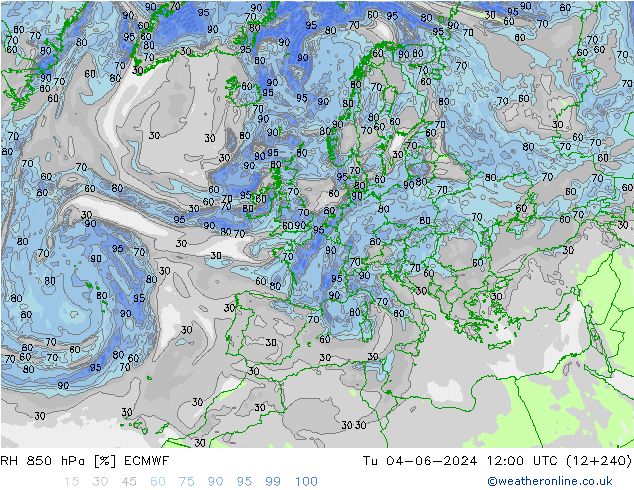 RH 850 hPa ECMWF Tu 04.06.2024 12 UTC